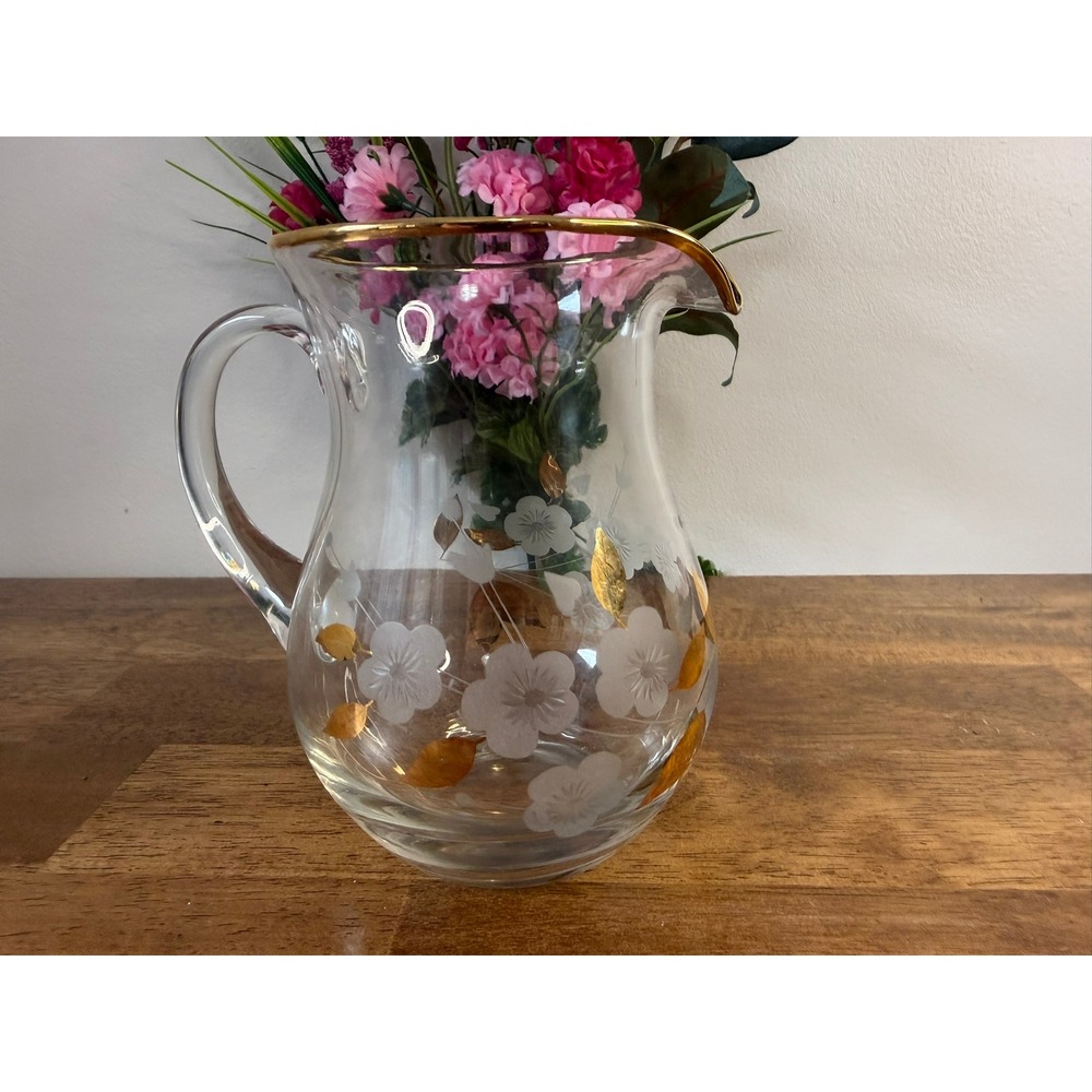 Vintage Glass Pitcher Gold Rim Etched Floral Cherry Blossom Carafe Retro Barware